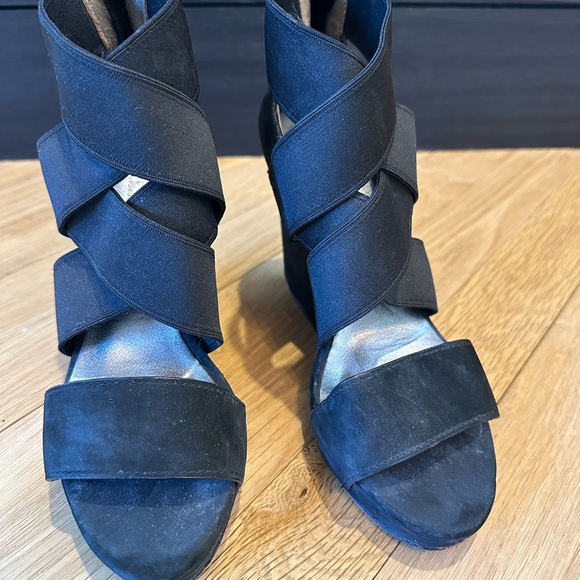 DKNY black suede heel and elastic strap top wedge sandals. - Picture 1 of 6
